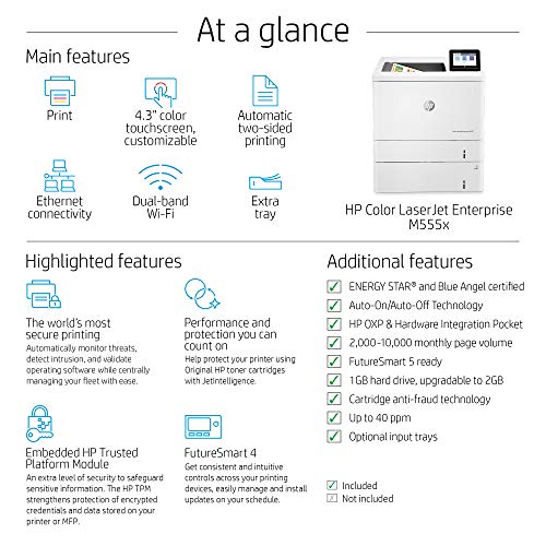 HP Color LaserJet Enterprise M555x Duplex Printer with Extra Paper Tray (7ZU79A)