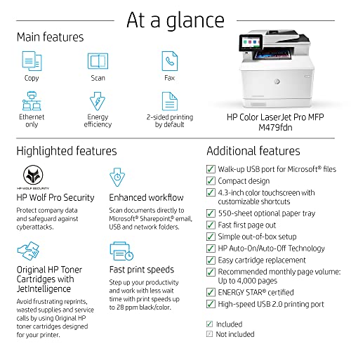 HP Color LaserJet Pro Multifunction M479fdn Laser Printer with One-Year, Next-Business Day, Onsite Warranty (W1A79A)