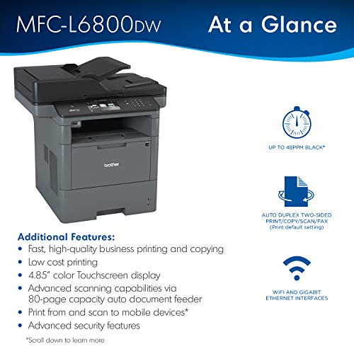 Brother Monochrome Laser, Multifunction, All-in-One Printer, MFC-L6800DW, Wireless Networking, Mobile Printing & Scanning, Duplex Print, Scan & Copy, Amazon Dash Replenishment Ready, Black