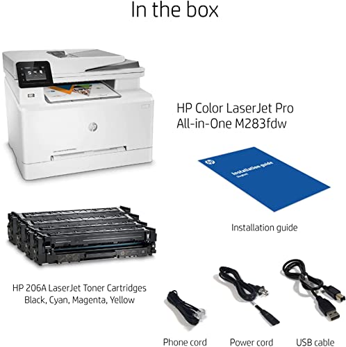 HP Color Laserjet Pro MFP M283fdwL AIO Laser Printer, 2.7'' Touchscreen, Print Copy scan fax, ADF, Auto Duplex Printing, 22ppm, 600X600dpi, Ethernet, Compatible with Alexa, with Printer Cable, White