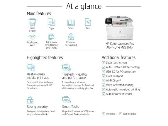 HP Color Laserjet Pro MFP M283fdwL AIO Laser Printer, 2.7'' Touchscreen, Print Copy scan fax, ADF, Auto Duplex Printing, 22ppm, 600X600dpi, Ethernet, Compatible with Alexa, with Printer Cable, White
