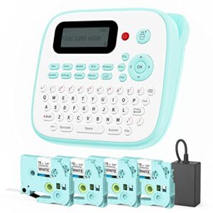 vixic portable label maker machine with tape,d210s labeler label printer,qwerty keyboard,sticker makers for labeling with 4 laminated tapes,ac adapter for home school kids office organization