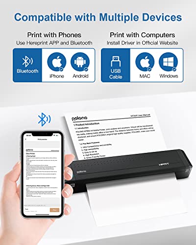 Portable Printer, POLONO MT800 2.0 Wireless Bluetooth Thermal Printer, Support 8.5" X 11" US Letter, Compatible with Android and iOS, Mobile Thermal Transfer Printer for Travel, Mobile Office and Home