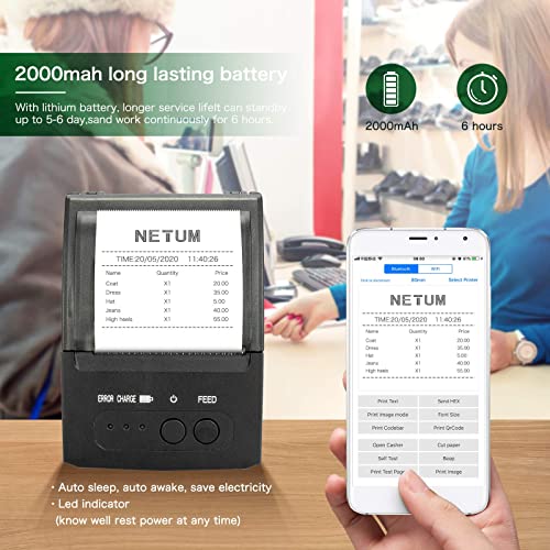 NETUM Bluetooth Receipt Printer, Portable 58mm Mini Thermal Pos Printer, Compatible with Android/Windows