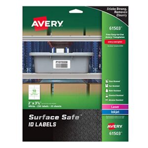 avery surface safe durable id labels, removable adhesive, water resistant, 2″ x 3-1/2″, 250 labels (61503), white