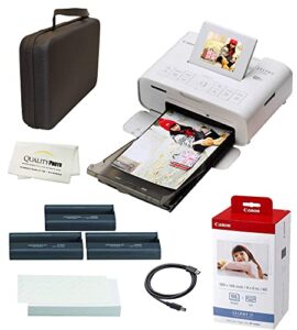 canon selphy cp1300 wireless compact photo printer with airprint and mopria device printing, with canon kp108 paper and black hard case to fit all together (white)