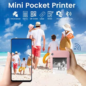 Zeacool Mini Pocket Printer,Portable Thermal Printer for Label,Text Memo,Receipt,Sticker,Photo Printers,BT Inkless Printing,Kids Gift,Wireless Bluetooth Printer Compatible with iOS and Android（Pink）