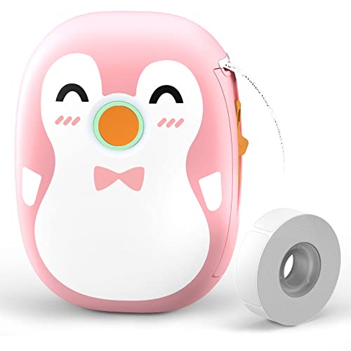 MUNBYN Penguin Label Maker Machine with Tape, Bluetooth Pocket Thermal Label Printer, Handheld Sticker Printer for Christmas Home Kitchen Study Use, Compatible with Android & iOS (Pink)