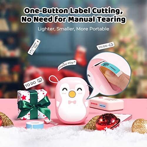 MUNBYN Penguin Label Maker Machine with Tape, Bluetooth Pocket Thermal Label Printer, Handheld Sticker Printer for Christmas Home Kitchen Study Use, Compatible with Android & iOS (Pink)