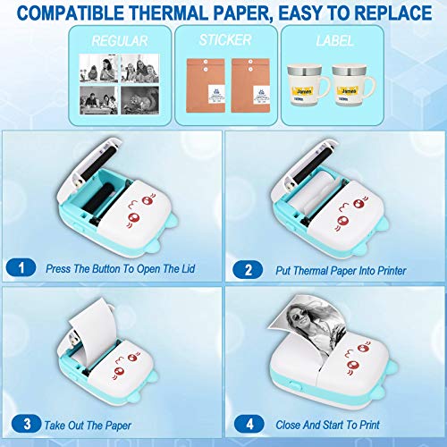 Portable Printer, Mini Pocket Wireless Bluetooth Thermal Printers with 6 Rolls Printing Paper for Android iOS Smartphone, BT Inkless Printing Gift for Label Receipt Photo Notes Study Home Office, Blue