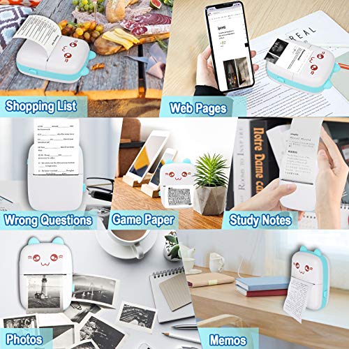 Portable Printer, Mini Pocket Wireless Bluetooth Thermal Printers with 6 Rolls Printing Paper for Android iOS Smartphone, BT Inkless Printing Gift for Label Receipt Photo Notes Study Home Office, Blue