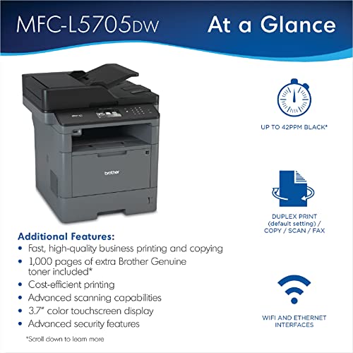 Brother MFC-L5705DW All-in-One Wireless Monochrome Laser Printer - Print Copy Scan Fax - 42 ppm, 1200x1200 dpi, 3.7" Touch LCD, 256MB Memory, Auto Duplex Printing, 50-Sheet ADF, BROAGE Printer_Cable