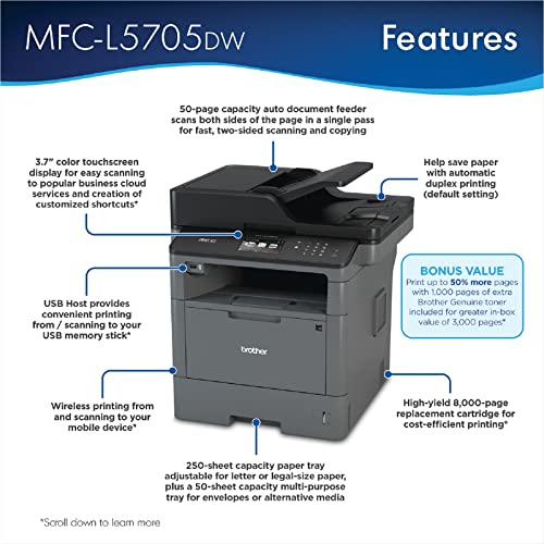 Brother MFC-L5705DW All-in-One Wireless Monochrome Laser Printer - Print Copy Scan Fax - 42 ppm, 1200x1200 dpi, 3.7" Touch LCD, 256MB Memory, Auto Duplex Printing, 50-Sheet ADF, BROAGE Printer_Cable