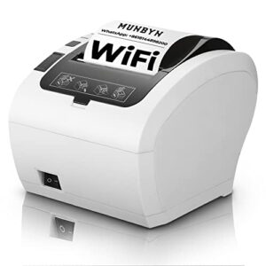 munbyn wifi thermal receipt printer with usb/lan/rs232 port, 80mm pos printer works with square windows mac chromebook linux cash drawer, high-speed auto-cutter wall mount, esc/pos (p047-wifi), white