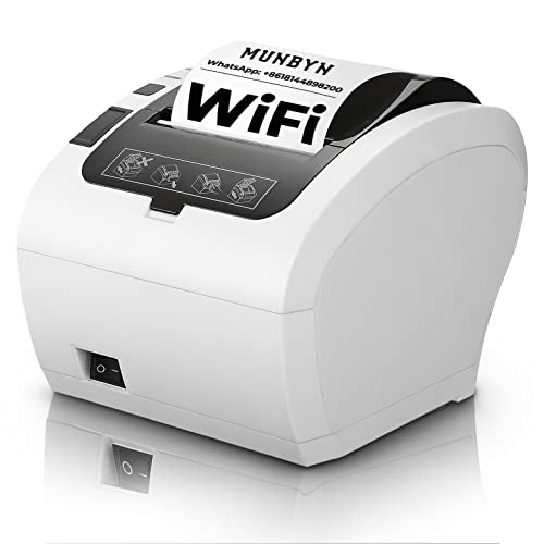 MUNBYN WiFi Thermal Receipt Printer with USB/LAN/RS232 Port, 80mm POS Printer Works with Square Windows Mac Chromebook Linux Cash Drawer, High-Speed Auto-Cutter Wall Mount, ESC/POS (P047-WiFi), White