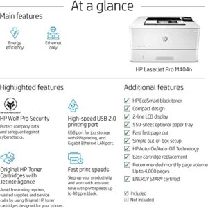 HP Laserjet Pro M404n Single-Function Wired Monochrome Laser Printer, White - Print only - 40 ppm, 4800 x 600 dpi, 256MB Memory, 8.5 x 14, Ethernet, Cbmou Printer_Cable