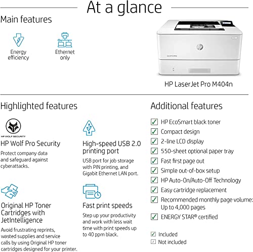 HP Laserjet Pro M404n Single-Function Wired Monochrome Laser Printer, White - Print only - 40 ppm, 4800 x 600 dpi, 256MB Memory, 8.5 x 14, Ethernet, Cbmou Printer_Cable