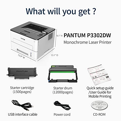 Pantum Monochrome Laser Printer Black and White Laser Printer Wireless Small Computer Printer with Auto Duplex 2-Sided Printer Home Use with Mobile Printing and School Student, 30ppm P3012DW