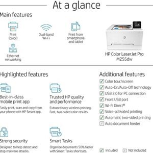 HP Color Laserjet Pro M255dw Wireless Laser Printer, Auto 2-Sided Printing, Remote Mobile Print, 22 ppm, 250-Sheet, Compatible with Alexa, White - Bundle with JAWFOAL Printer Cable