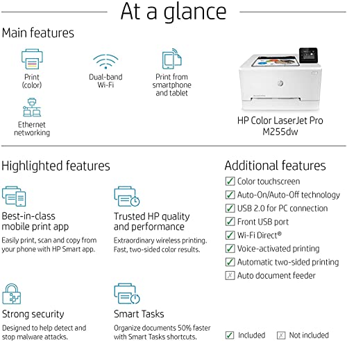 HP Color Laserjet Pro M255dw Wireless Laser Printer, Auto 2-Sided Printing, Remote Mobile Print, 22 ppm, 250-Sheet, Compatible with Alexa, White - Bundle with JAWFOAL Printer Cable