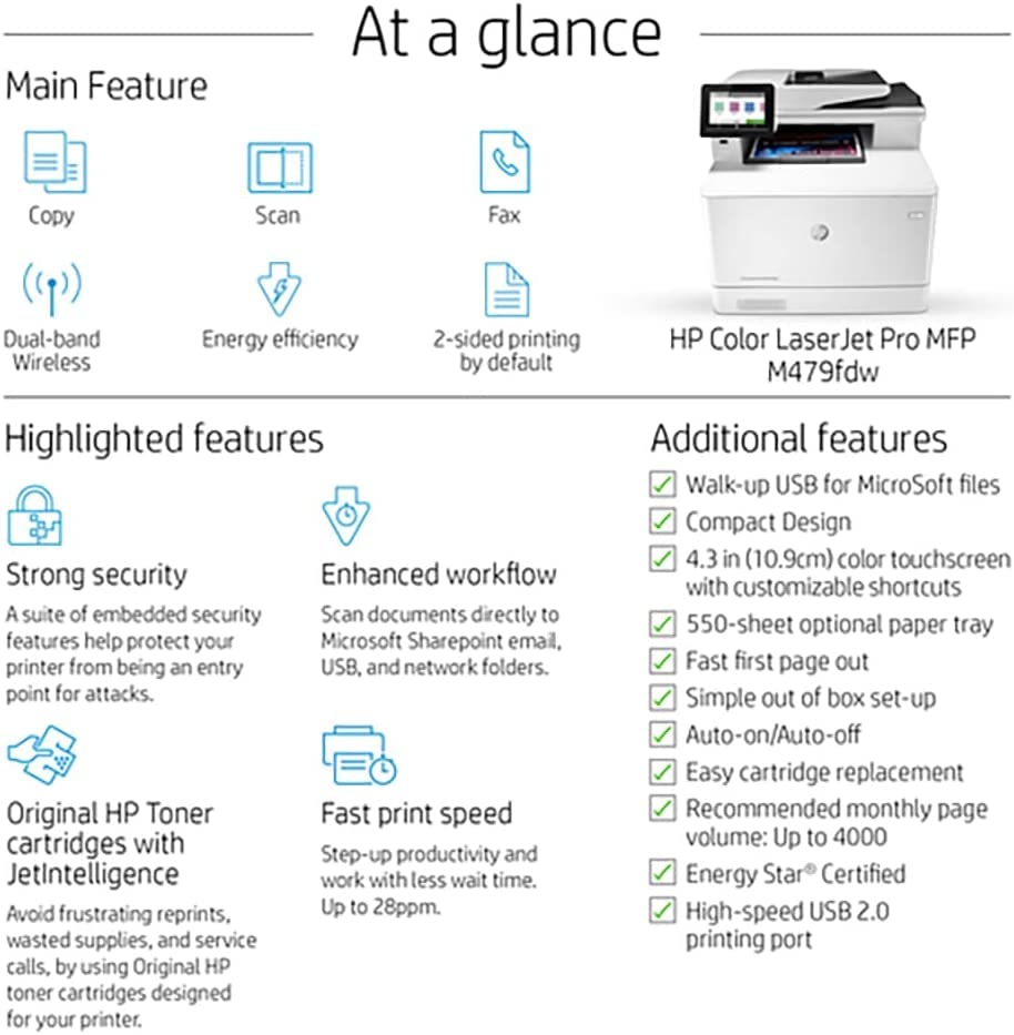 HP Laserjet Pro M479fdw All-in-One Wireless Color Laser Printer, White - Print Scan Copy Fax - 28 ppm, 600x600 dpi, 50-Sheet ADF, Auto Duplex Printing, Ethernet, Cbmou Printer＿Cable