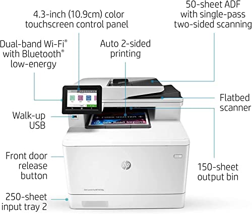 HP Laserjet Pro M479fdw All-in-One Wireless Color Laser Printer, White - Print Scan Copy Fax - 28 ppm, 600x600 dpi, 50-Sheet ADF, Auto Duplex Printing, Ethernet, Cbmou Printer＿Cable