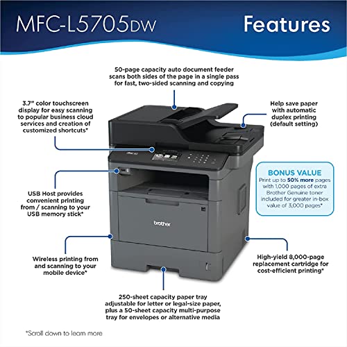 Brother MFC-L5705DW Business Monochrome Laser All-in-One Printer, Duplex Printing, Scan and Copy, 1200 x 1200 dpi, 42ppm, 256MB, Bundle with JAWFOAL Printer Cable