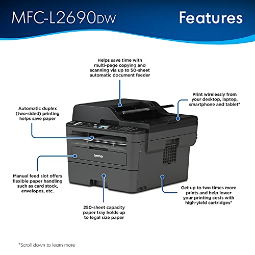 Brother MFC-L2690DW Monochrome Laser All-in-One Printer, Print Scan Copy Fax, Auto 2-Sided Printing, Wireless Connectivity, 26ppm, 250-sheet, Compatible with Alexa, Bundle with JAWFOAL Printer Cable