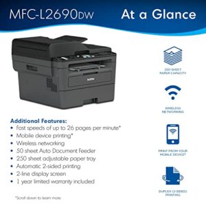 Brother MFC-L2690DW Monochrome Laser All-in-One Printer, Print Scan Copy Fax, Auto 2-Sided Printing, Wireless Connectivity, 26ppm, 250-sheet, Compatible with Alexa, Bundle with JAWFOAL Printer Cable