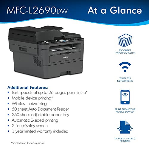 Brother MFC-L2690DW Monochrome Laser All-in-One Printer, Print Scan Copy Fax, Auto 2-Sided Printing, Wireless Connectivity, 26ppm, 250-sheet, Compatible with Alexa, Bundle with JAWFOAL Printer Cable