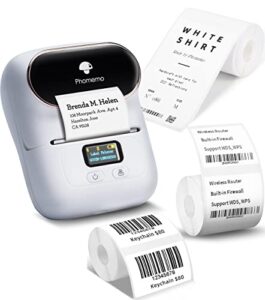 phomemo m110 label printer – bluetooth portable label maker no ink, mini barcode label printer for retail, address, barcode, home, for pc/mac, ios/android with 3pack most used labels, snow white
