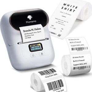 Phomemo M110 Label Printer - Bluetooth Portable Label Maker No Ink, Mini Barcode Label Printer for Retail, Address, Barcode, Home, for PC/Mac, iOS/Android with 3pack Most Used Labels, Snow White