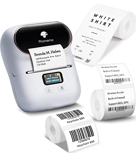 Phomemo M110 Label Printer - Bluetooth Portable Label Maker No Ink, Mini Barcode Label Printer for Retail, Address, Barcode, Home, for PC/Mac, iOS/Android with 3pack Most Used Labels, Snow White