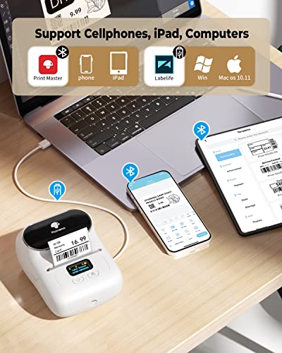 Phomemo M110 Label Printer - Bluetooth Portable Label Maker No Ink, Mini Barcode Label Printer for Retail, Address, Barcode, Home, for PC/Mac, iOS/Android with 3pack Most Used Labels, Snow White