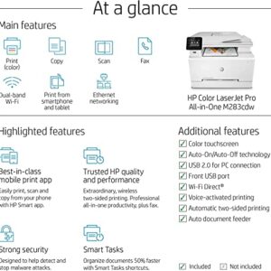 HP Color Laserjet Pro MFP M283cdw All-in-One Wireless Laser Printer, White - Print Scan Copy Fax - 22 ppm, 600 x 600 dpi, 8.5 x 14, 50-Sheet ADF, Auto Duplex Printing, Ethernet, Cbmoun Printer_Cable