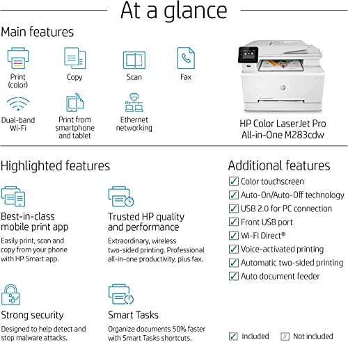 HP Color Laserjet Pro MFP M283cdw All-in-One Wireless Laser Printer, White - Print Scan Copy Fax - 22 ppm, 600 x 600 dpi, 8.5 x 14, 50-Sheet ADF, Auto Duplex Printing, Ethernet, Cbmoun Printer_Cable