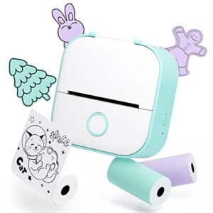 memoqueen pocket sticker printer t02 portable bluetooth thermal photo printer with 3 rolls paper for journal, memo, photo,diy scrapbook,travel,children women gifts,compatible with ios&android,green