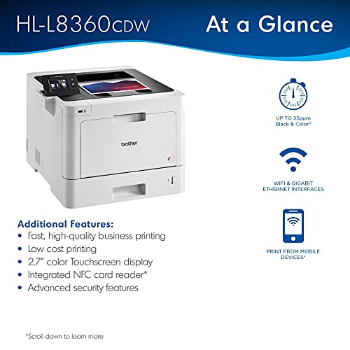 Brother Business Color Laser Printer, HL-L8360CDW, Wireless Printing, Mobile Cloud Printing, 2.7" LCD, Auto 2-Sided Printing, Speed Up to 33ppm, Ethernet, NFC Connectivity, White, BROAGE printer cable