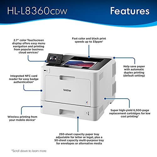 Brother Business Color Laser Printer, HL-L8360CDW, Wireless Printing, Mobile Cloud Printing, 2.7" LCD, Auto 2-Sided Printing, Speed Up to 33ppm, Ethernet, NFC Connectivity, White, BROAGE printer cable