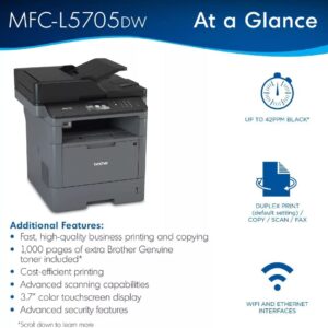 Brother MFC-L5705DW All-in-One Wireless Monochrome Laser Printer, Print&Copy&Scan&Fax, 42ppm, 1200x1200dpi, 3.7” Color Touchscreen Display, Duplex Printing, 50-Sheet ADF, Lanbertent Printer Cable