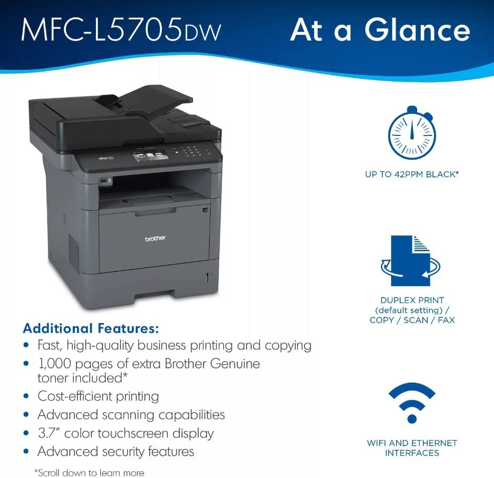 Brother MFC-L5705DW All-in-One Wireless Monochrome Laser Printer, Print&Copy&Scan&Fax, 42ppm, 1200x1200dpi, 3.7” Color Touchscreen Display, Duplex Printing, 50-Sheet ADF, Lanbertent Printer Cable