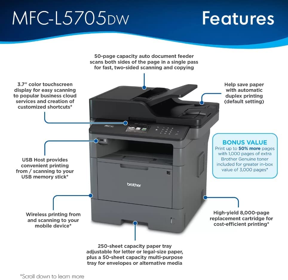 Brother MFC-L5705DW All-in-One Wireless Monochrome Laser Printer, Print&Copy&Scan&Fax, 42ppm, 1200x1200dpi, 3.7” Color Touchscreen Display, Duplex Printing, 50-Sheet ADF, Lanbertent Printer Cable