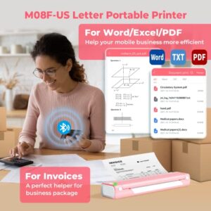 Portable Printers Wireless for Travel - Bluetooth Thermal Mobile Printer Portable - M08F Portable Wireless Printer Support 8.5" X 11" US Letter, Small Portable Printer for Laptop & Phone, Office,Pink