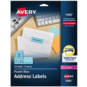avery printable address labels with sure feed, 1″ x 2-5/8″, pastel blue, 750 blank mailing labels (5980)
