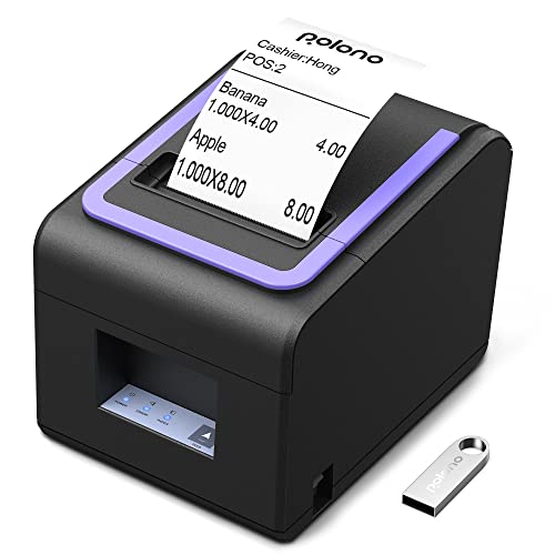 POLONO Receipt Printer, 3 1/8" 80mm PL330 Thermal Receipt Printer, 300mm/s POS Receipt Printer with Auto-Cutter for Cash Drawer/ESC/POS, POS Printer Compatible with Windows MAC OS Ethernet Serial USB