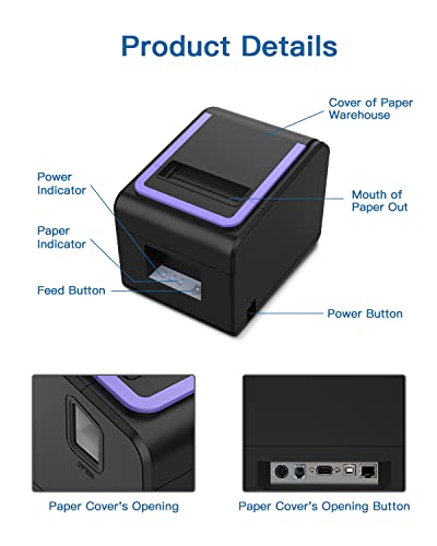 POLONO Receipt Printer, 3 1/8" 80mm PL330 Thermal Receipt Printer, 300mm/s POS Receipt Printer with Auto-Cutter for Cash Drawer/ESC/POS, POS Printer Compatible with Windows MAC OS Ethernet Serial USB