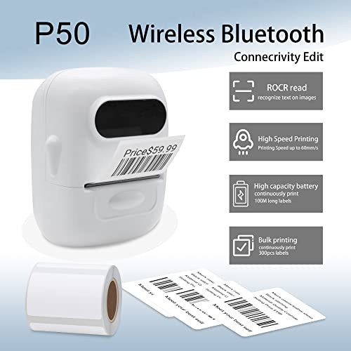 hycodest Thermal Label Printer P50 Wireless Bluetooth Portable Printer Label Maker Machine with Tape (50x30 mm, 200 pcs) Compatible with Android & iOS System, White