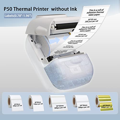 hycodest Thermal Label Printer P50 Wireless Bluetooth Portable Printer Label Maker Machine with Tape (50x30 mm, 200 pcs) Compatible with Android & iOS System, White