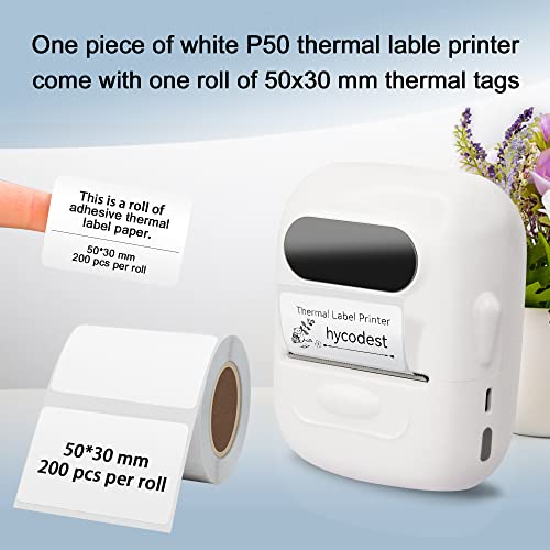 hycodest Thermal Label Printer P50 Wireless Bluetooth Portable Printer Label Maker Machine with Tape (50x30 mm, 200 pcs) Compatible with Android & iOS System, White