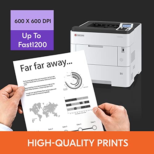 Kyocera ECOSYS PA6000x Monochrome Laser Printer, 62 ppm, 600 x 600 dpi and Up to Fine 1200 dpi, 600 Sheet Tray, 100 Sheet MPT, Duplex, 5 Line LCD w/Hard Key Panel, Gigabit Ethernet, USB, 512 MB